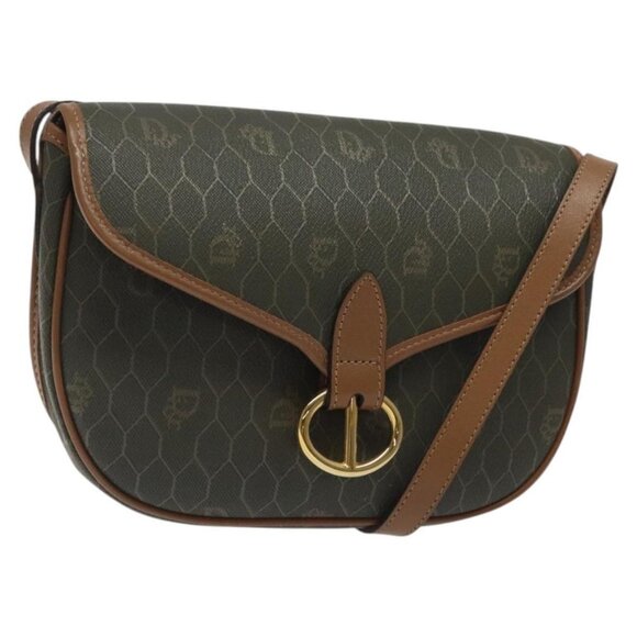 Christian Dior Honeycomb Canvas Shoulder Bag PVC Khaki Gold Auth - Picture 1 of 16
